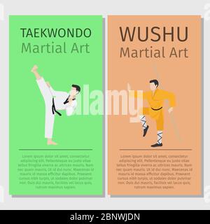 Asian martial arts vector flyers set. Taekwondo and Wushu illustration Stock Vector