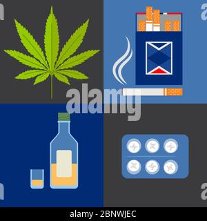 Alcohol, drugs, cannabis and tobacco vector icons set Stock Vector