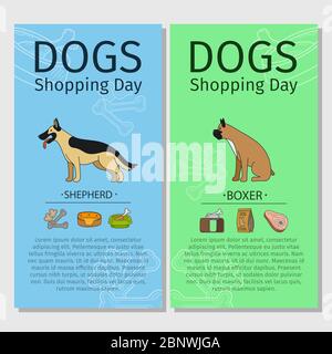 Dogs Shopping day flyers. Shepherd and Boxer dog breeds Vector illustration Stock Vector