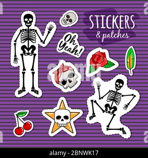 Skeleton and skull colorful stickers on violet background. Vector pins and patches collection Stock Vector
