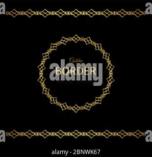 Golden vector geometrical border and circle frame on black background Stock Vector