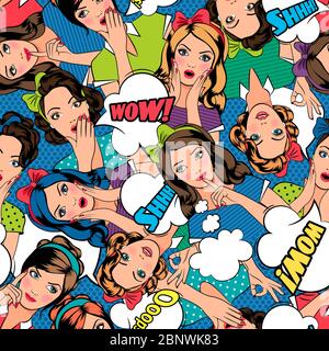 Pop art style pattern with women faces and speech bubble. Vector illustration Stock Vector
