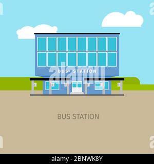 Colored bus station building with sky and clouds, vector illustration Stock Vector