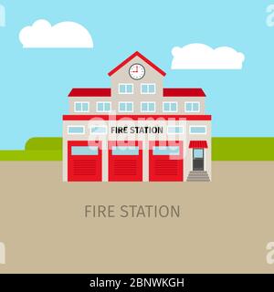 Colored fire station with sky and clouds, vector building Stock Vector