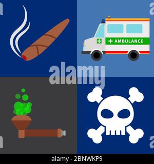 Ambulance, tobacco and drugs, death colored vector icons set Stock Vector