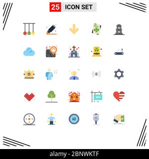 Mobile Interface Flat Color Set of 25 Pictograms of watchtower, observatory, arrow, ireland, passport Editable Vector Design Elements Stock Vector