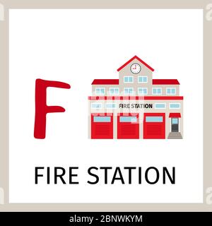 Alphabet card for kids with fire station building. Letter F card vector illustration Stock Vector