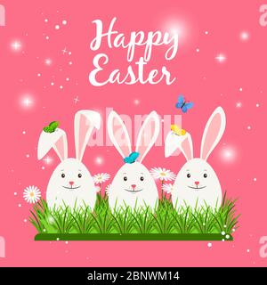 Happy easter card template with cute white rabbits or bunny eggs shaped and spring flowers. Vector illustration Stock Vector