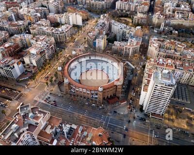 The Plaza Monumental or La Monumental Bullring and Bullfighting aerial view Barcelona Catalonia Spain Stock Photo