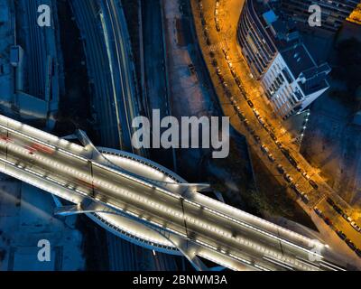 Puente Bac de Roda bridge built by Santiago Calatrava aerial view Barcelona Catalonia Spain.  The slender outline of the Bac de Roda Bridge, known loc Stock Photo