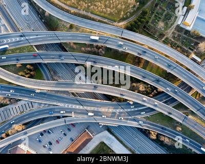 Nus de la Trinitat Road knot in Trinitat vella Ronda de dalt arial view Barcelona Catalonia Spain Stock Photo