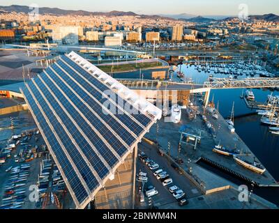 Photovoltaic pergola, Diagonal Mar, Waterfront, aerial view Barcelona Catalonia Spain. Overall design was carried out by Jose Antonio Martinez Lapena Stock Photo