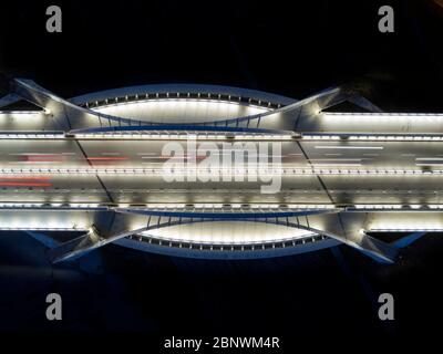 Puente Bac de Roda bridge built by Santiago Calatrava aerial view Barcelona Catalonia Spain.  The slender outline of the Bac de Roda Bridge, known loc Stock Photo