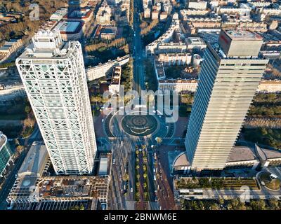 Twins towers Mapfre tower and Hotel Arts aerial view Barcelona Catalonia Spain.  The twin towers on the skyline of Barcelona are the Torre Mapfre - wh Stock Photo