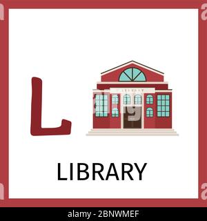 Alphabet card for kids with library building. Letter L card vector illustration Stock Vector