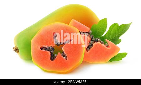 Isolated papaya. Pieces of papaya fruit isolated on white background Stock Photo