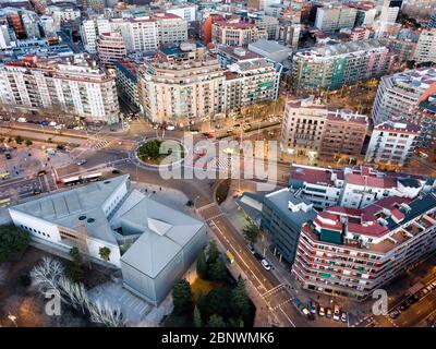 Archivo de la corona de Aragon and Roundabout in marina Meridiana avenue Marina street and Almogavares street aerial view Barcelona Catalonia Spain. Stock Photo