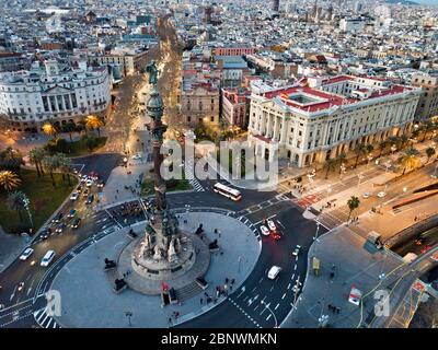 Statue of Christopher Colombus near The Ramblas aerial view Barcelona Catalonia Spain.  The Columbus Monument or Monumento a Colón or Mirador de Colón Stock Photo