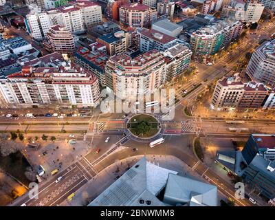 Archivo de la corona de Aragon and Roundabout in marina Meridiana avenue Marina street and Almogavares street aerial view Barcelona Catalonia Spain. Stock Photo