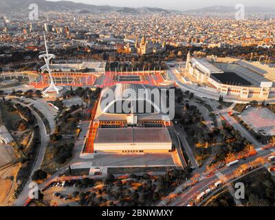 Aerial view Olympic ring or Anella Olímpica and Palau Sant Jordi Estadi Olímpic and Montjuïc Communications Tower. Olympic Games 1992 Barcelona Catalo Stock Photo