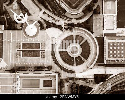 Aerial view Olympic ring or Anella Olímpica and Palau Sant Jordi Estadi Olímpic and Montjuïc Communications Tower. Olympic Games 1992 Barcelona Catalo Stock Photo