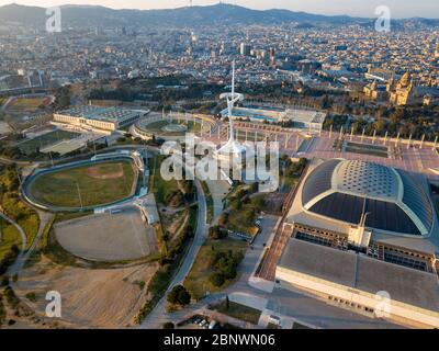 Aerial view Olympic ring or Anella Olímpica and Palau Sant Jordi Estadi Olímpic and Montjuïc Communications Tower. Olympic Games 1992 Barcelona Catalo Stock Photo