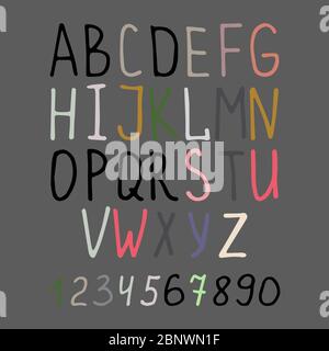 Vector handwright calligraphy alphabet and numbers on grey background Stock Vector