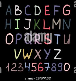 Vector colorful handwritten alphabet and numbers on black background Stock Vector