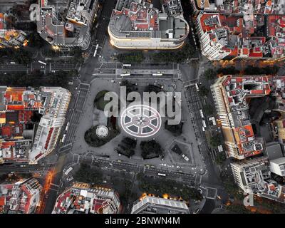 Aerial view of Plaça de Catalunya or Catalonia square a main square in the city centre of Barcelona, Catalonia Spain.  Plaça de Catalunya or Plaza de Stock Photo