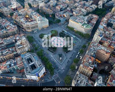 Aerial view of Plaça de Catalunya or Catalonia square a main square in the city centre of Barcelona, Catalonia Spain.  Plaça de Catalunya or Plaza de Stock Photo