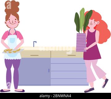 people cooking, woman with food in cutting board and girl with potted plant in the kitchen vector illustration Stock Vector