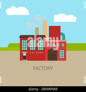 Colored factory building with sky and clouds, vector illustration Stock Vector