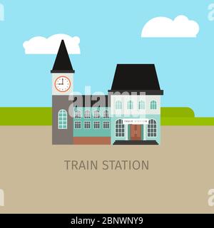 Colored train station building with sky and clouds. Vector illustration Stock Vector