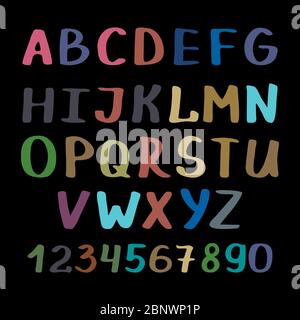 Vector handwright calligraphy alphabet and numbers on black background Stock Vector