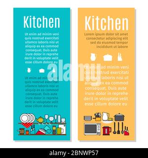 Kitchen flyers in cartoon style with dishes and kitchen equipment. Vector illustration Stock Vector