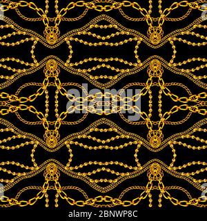 Fashion Seamless Pattern with Golden Chains on Black Background. Fabric Design with Chain Ready for Print. Stock Photo