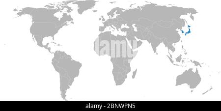 Japan, south korea map highlighted on world map. Gray background. Trade, economic, security bilateral relations. Stock Vector