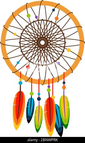 Dreamcatcher vector on white. Dream catcher with feathers and beads in flat style Stock Vector