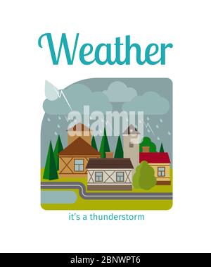 Different weather in the town vector illustration. Its a thunderstorm Stock Vector