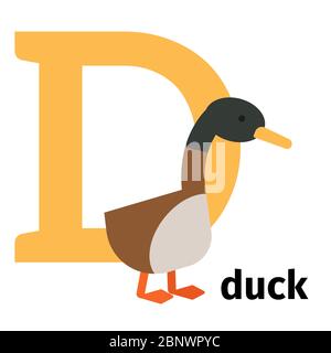 English animals zoo alphabet with letter D. Duck vector illustration Stock Vector