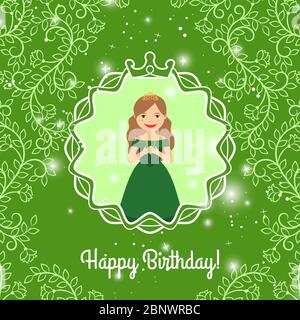 Happy Birthday greeting card template for girls with cartoon princess. Vector illustration Stock Vector