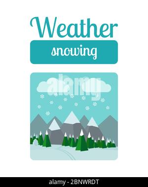 Weather illustration in flat style vector. Snowing in the mountains Stock Vector