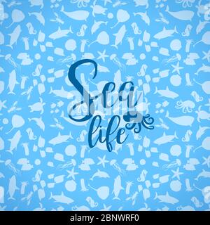 Sea life card with silhouettes seamless pattern. Vector illustration Stock Vector