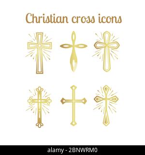 Golden christian cross icons isolated set. Vector illustration Stock Vector