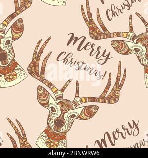 Hand drawn doodle deer face, Merry Christmas seamless pattern. Vector illustration Stock Vector