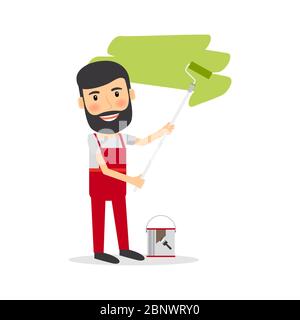 Man make repairs in the apartment painting the wall. Vector illustration Stock Vector