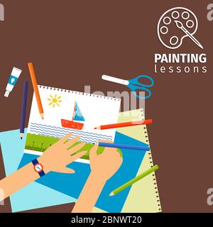 Kids painting lessons with kids hands scissors and paper vector illustration Stock Vector