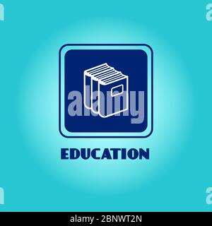 Vector education logo with book pile on blue background Stock Vector