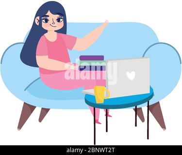 working remotely, young woman with laptop books on sofa vector illustration Stock Vector