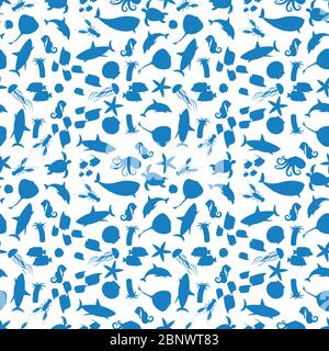 Sea animals silhouettes seamless pattern. Vector illustration Stock Vector